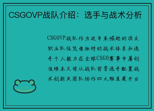 CSGOVP战队介绍：选手与战术分析