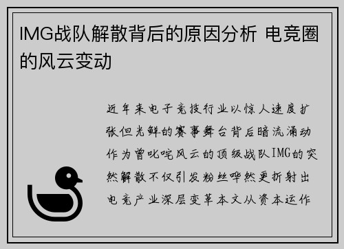 IMG战队解散背后的原因分析 电竞圈的风云变动