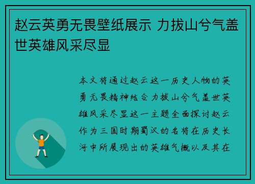 赵云英勇无畏壁纸展示 力拔山兮气盖世英雄风采尽显