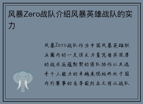 风暴Zero战队介绍风暴英雄战队的实力